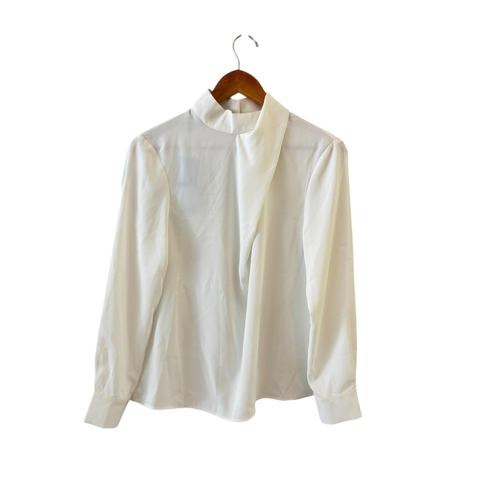 Misook Mock Neck Blouse Top Womens Size S White Asymmetrical Drape Office NWT‎